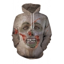 Halloween New Fashion Horrifying Zombie 3D Printed Long Sleeve Khaki Drawstring Hoodie