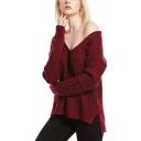 Womens Sexy Plain V-Neck Cable Knit Drop Sleeve Split Sides Sweater