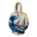 New Arrival Creative Fashion Wave Figure 3D Printed Long Sleeve Drawstring Zip Up Hoodie