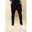 Men's Simple Fashion Solid Color Patched Black Casual Low Crotch Cotton Harem Pants