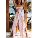 Knotted Front Bandeau Top with Tie Waist Slit Front Wide Leg Pants Abstract Printed Casual Loose Co-ords