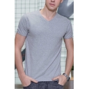 Summer New Arrival Solid Color Short Sleeve V Neck Leisure Cotton Tee