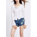 Women's Fashionable Lace-Trimmed Long Sleeve V-Neck Loose Fit Linen White Button Blouse