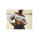 Hot Sexy Long Sleeve Off Shoulder NATURAL TING Letter Printed Slim Fitted White Cropped T Shirt
