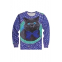 Creative Fashion Cartoon Cat 3D Printed Round Neck Long Sleeve Purple Pullover Sweatshirt