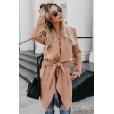 Fashion Lapel Collar Tie-Waist Long Sleeve Longline Solid Color Slim Trench Coat