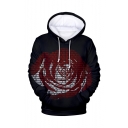 New Fashion Letter Rose 3D Printed Long Sleeve Loose Fit Unisex Black Drawstring Hoodie