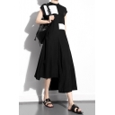 Womens New Trend Stand collar Sleeveless Color Block Asymmetrical A-Line Black Maxi Dress