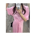 New Fashion Round Neck Short Sleeve Pink Tie Front A-Line Sheath Maxi Dress