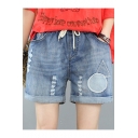 Summer Hot Trendy Drawstring Cord Rolled Hem Ripped Geometric Embroidered Leisure Denim Shorts