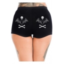 Womens New Fashion Black Elastic Waist Skull Bat Printed Slim Fitted Shorts