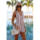 Summer Rainbow Striped Print Halter V Neck Sleeveless Single Breasted Backless Rompers