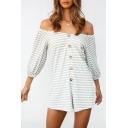 Hot Sexy Green Off Shoulder 3/4 Sleeve Striped Printed Button Down Elastic Cuff Holiday Rompers