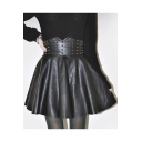 Black Cool Street Style High Waist Beading Embroidered Fitted PU Midi Pleated Puff Skirt