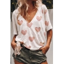 Summer Ethnic V Neck Short Sleeve Heart Printed Casual Loose T Shirt