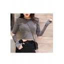 Cool Street Round Neck Cutout Long Sleeve Skinny Fitted Cropped Tee