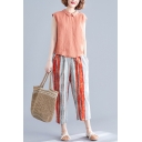 Summer Orange and Grey Stripe Print Womens Casual Elastic Waist Linen Tapered Pants