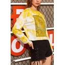 Stylish Yellow Cartoon Sun Letter Print Round Neck Long Sleeve Cropped Tie-Dyed Pullover Sweatshirt