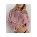 Winter New Stylish Solid Color Crewneck Collar Tunic Short Faux Woolen Sweatershirt