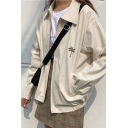 Leisure Coconut Palm Embroidered Peaked Lapel Collar Polyester Apricot Pocket Jacket Coat