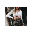 New Arrival Plain Scoop Neck Button Down Long Sleeve Crop Fitted Top Tee