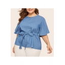 Hot Fashion Simple Plain Round Neck Half-Sleeved Bow Tied-Waist Loose Blue Shirt