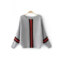 Womens Off-Duty Casual Stripes Patchwork Print Round Neck Batwing Sleeve Sweater