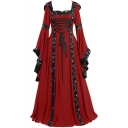 Womens Fashion Medieval Vintage Square Neck Extra Long Sleeve Lace-Up Front Floor Length Swing Dress