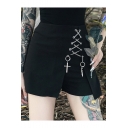 Black Punk Style High Waist Lace Up Side Chain Embellished Fake Two Piece Skort Shorts