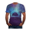 Mens Hot Fashion Purple Galaxy Short Sleeve Round Neck Sky Tree Printed Pullover Basic T shirt