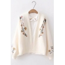 Womens Stylish Bloomer Sleeve V Neck Floral Embroidered Knitted Cardigan