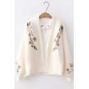 Womens Stylish Bloomer Sleeve V Neck Floral Embroidered Knitted Cardigan