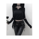 Womens Cool Street Style Black Cutout Long Sleeve Knotted Side Cropped Hoodie