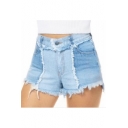 Hot Popular Summer Blue High Waist Raw Hem Pocket Patch Denim Shorts