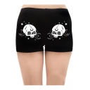 Summer Hot Trendy Black Elastic Waist Skull Star Printed Slim Fitted Shorts