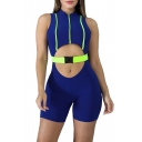 Womens Sleeveless Hollow Out Colorblock Bagbucket Waist Contrast Trim Bodycon Rompers