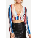 Plunge V Neck Striped Print Long Sleeve Tie Back Rainbow Color Cropped T Shirt