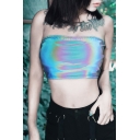 Reflective Light Strapless Sleeveless Tie Back Cutout Cropped Bandeau Tee for Club