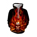 Hot Fashion Cool Fire Skull 3D Printed Long Sleeve Loose Fit Pullover Drawstring Hoodie in Black