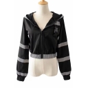 Hot Fashion Reflect Light Stripes Hooded Zip Up Black Cropped Jacket Coat with Push Buckle Pocket