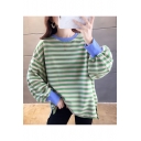 Basic Simple Color block Stripe Print Round Neck Split Hem High Low Long Sleeve Pullover Sweatshirt
