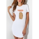Womens New Trend Round Neck Short Sleeve Letter Funny potato Printed Asymmetrical Sheath T-Shirt Mini Dress