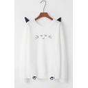 New Arrival Long Sleeve Round Neck Cat Embroidered Patchwork Loose Sweatshirt