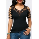 Hot Popular Black Round Neck Sheer Lace Patch Lace Up Side Cutout Stretch Sexy Tee