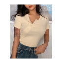 Sexy Plain Short Sleeve Button Down Stretch Slim Fitted T-Shirt for Women