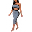 Womens Light Blue Sexy Bandeau Top with Cutout Lace-Up Midi Bodycon Skirt Two-Piece Set