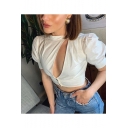 Summer Hot Fashion White Puff Sleeve Cutout Button Front Slim Cropped T Shirt