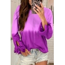 Womens Long Sleeve Bow Cuff Casual Loose Gradient T Shirt