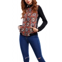 Women's New Stylish Tribal Printed Stand Collar Long Sleeve Zip Up Slim Fit Jacket