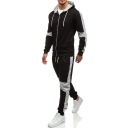 Men's New Fashion Colorblock Patched Long Sleeve Drawstring Hooded Zip Up Hoodie Sports Sweatpants Casual Two-Piece Set